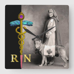 Relógio Quadrado ENFERMEIRA E CÃO DE RESGATE /Emblema RN Caduceu Do
