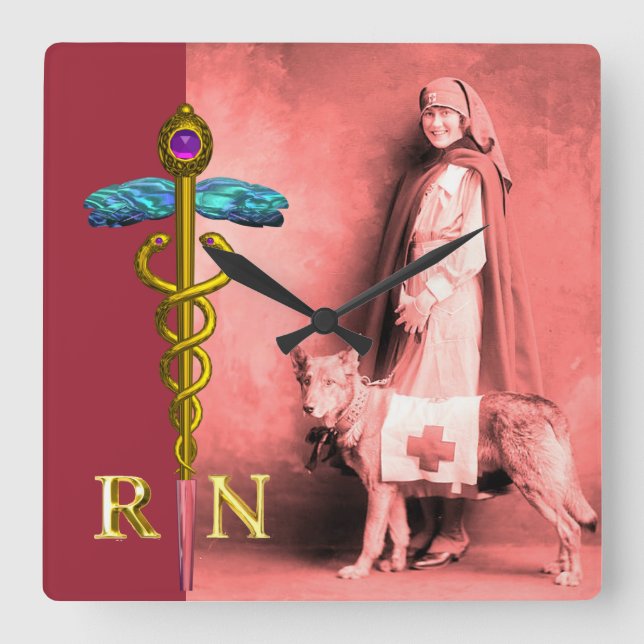 Relógio Quadrado ENFERMEIRA E CÃO DE RESGATE /Emblema RN Gold Caduc (Frente)