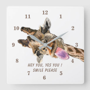 Relógio Quadrado Engraçado Giraffe Clock Smile - Texto Personalizad