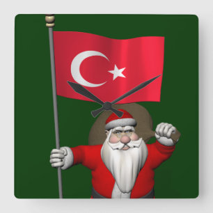 Relógio Quadrado Engraçado Papai Noel Com Bandeira Da Turquia