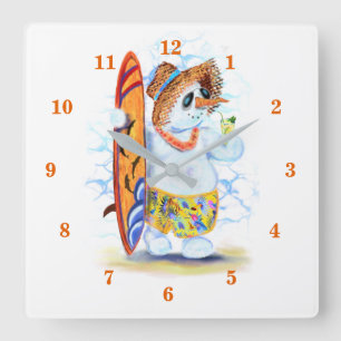 Relógio Quadrado Engraçado Summer Snowman Surfer bebe coquetel fre