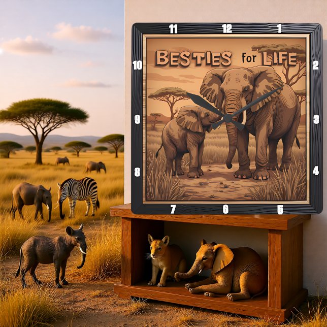 Relógio Quadrado Engraved Besties Elephant Mother Calf (Criador carregado)