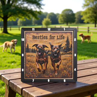 Relógio Quadrado Engraved Dog Pair Happy Forest