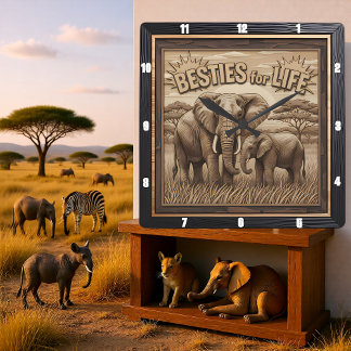 Relógio Quadrado Engraved Elephant Mother Baby Savannah