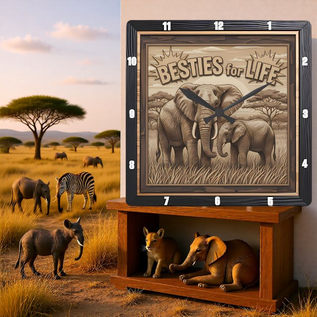 Relógio Quadrado Engraved Elephant Mother Baby Savannah (Criador carregado)