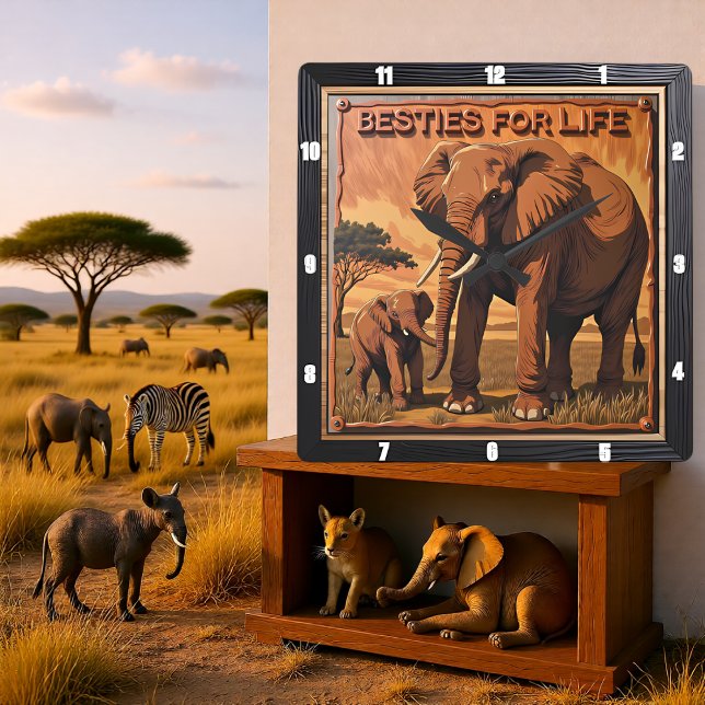 Relógio Quadrado Engraved Elephant Sunset Savannah (Criador carregado)