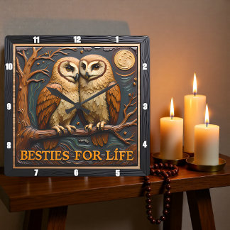 Relógio Quadrado Engraved Owls Branch Moon Besties