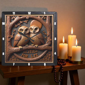 Relógio Quadrado Engraved Owls Branch Round Frame