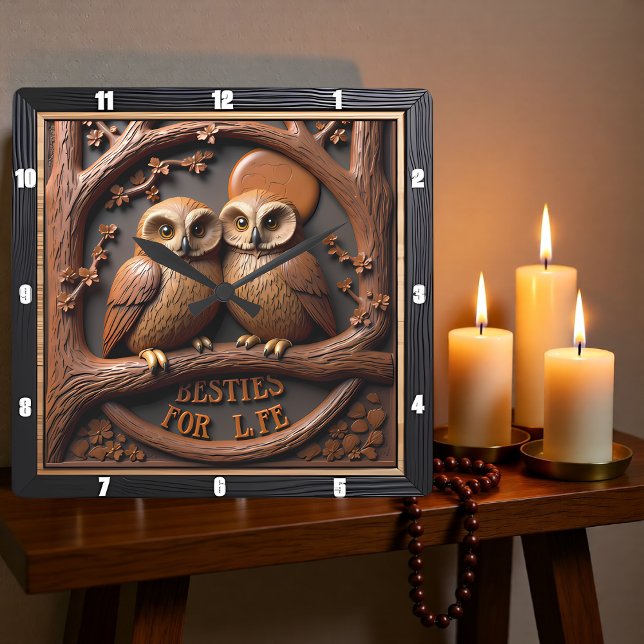 Relógio Quadrado Engraved Owls Branch Round Frame (Criador carregado)