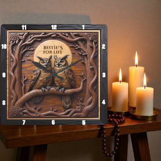 Relógio Quadrado Engraved Owls Branch Rustic Brown
