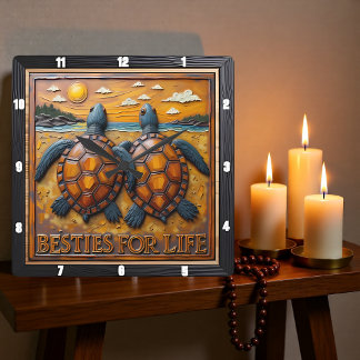 Relógio Quadrado Engraved Turtle Pair Blue Shore