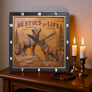 Relógio Quadrado Engraved Wolf Pair Mountain Pine