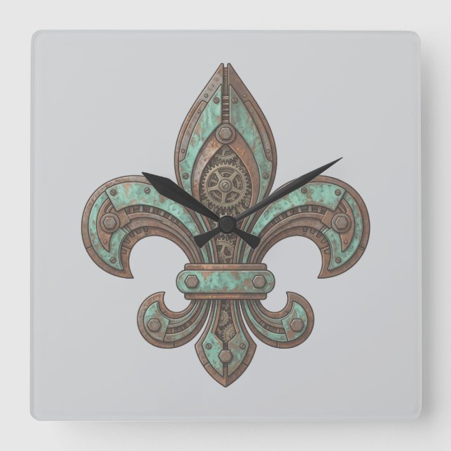 Relógio Quadrado Engrenagem Steampunk Fleur-de-Lis Industrial engre (Frente)