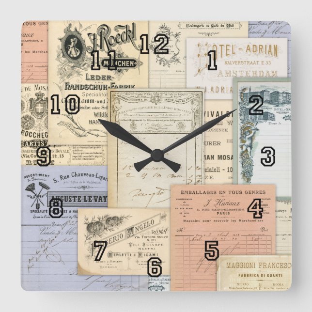 Relógio Quadrado Ephemera europeia antiga Paris Roma Amesterdã (Frente)