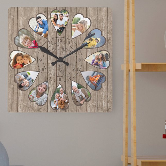 Relógio Quadrado Era uma vez 12 Fotos moldadas pelo coração Madeira (Photo clock with 12 heart shaped photos. Unusual design for your home and a thoughtful photo gift.)