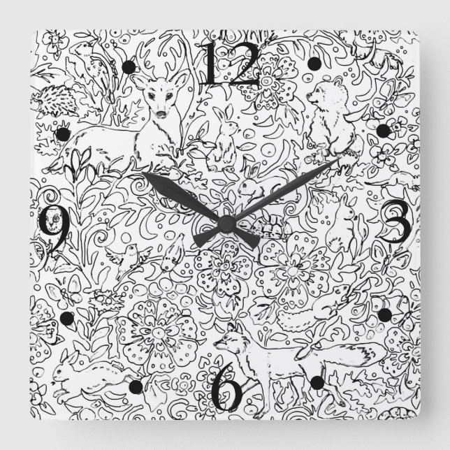 Relógio Quadrado Esboço Rustic Black White Forest Raposa Animal Coe (Frente)