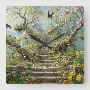 Relógio Quadrado Escadaria Surrealista de Primavera Engole Flores S