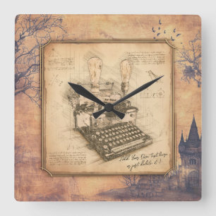 Relógio Quadrado Escrita Vintage. Presente de Autor/Escritor