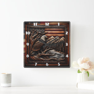 Relógio Quadrado Escultura de Águia Americana com Montanhas e Bande