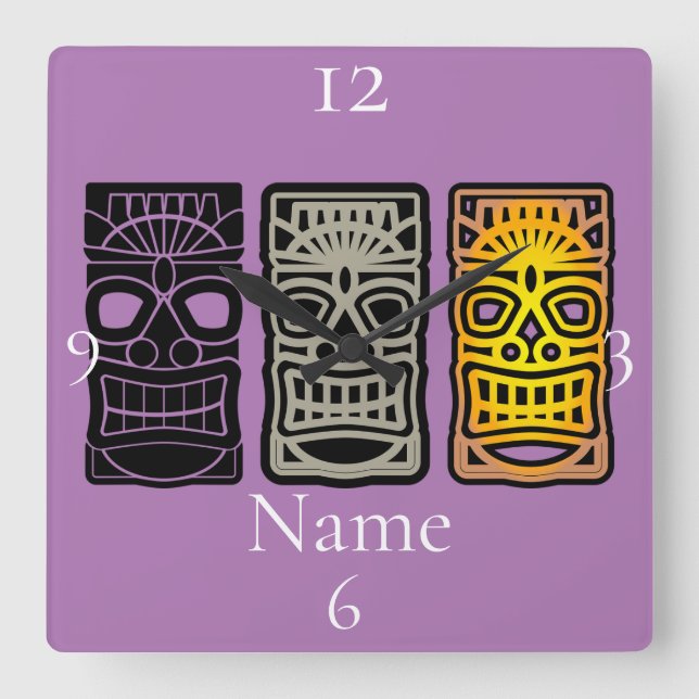 Relógio Quadrado Esculturas de Tiki triplas Thunder_Cove (Frente)