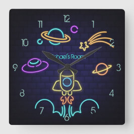 Relógio Quadrado Espaço Infantil Tema Luz Neon