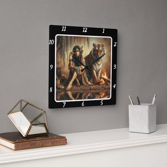 Relógio Quadrado Espírito Nativo: O brilho do Stream Tiger (Escritório)