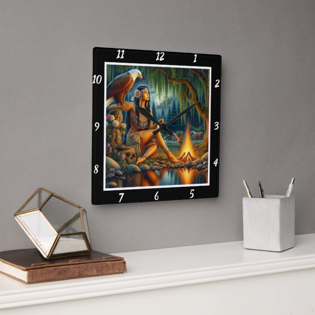 Relógio Quadrado Espírito Nativo: Respiração da Floresta Asa da Águ (Escritório)