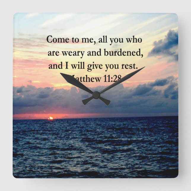 RELÓGIO QUADRADO ESPIRITUAL MATTHEW 11:28 FOTO DA SCRIPTURA DO SOL (Frente)