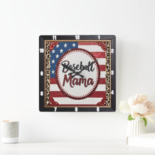Relógio Quadrado Esporte Patriótico da Mama Baseball