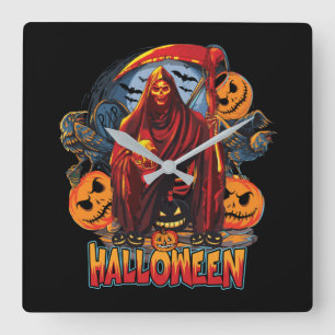 Relógio Quadrado Esqueleto de Halloween Mau, Abóbora
