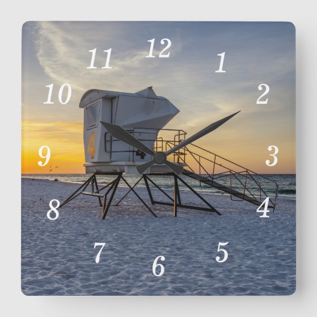 Relógio Quadrado Estação Pensacola Lifeguard Sunrise Wall Clock (Frente)