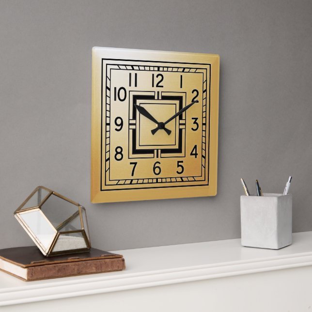 Relógio Quadrado Estilo Art Déco em Dourado. (Escritório)