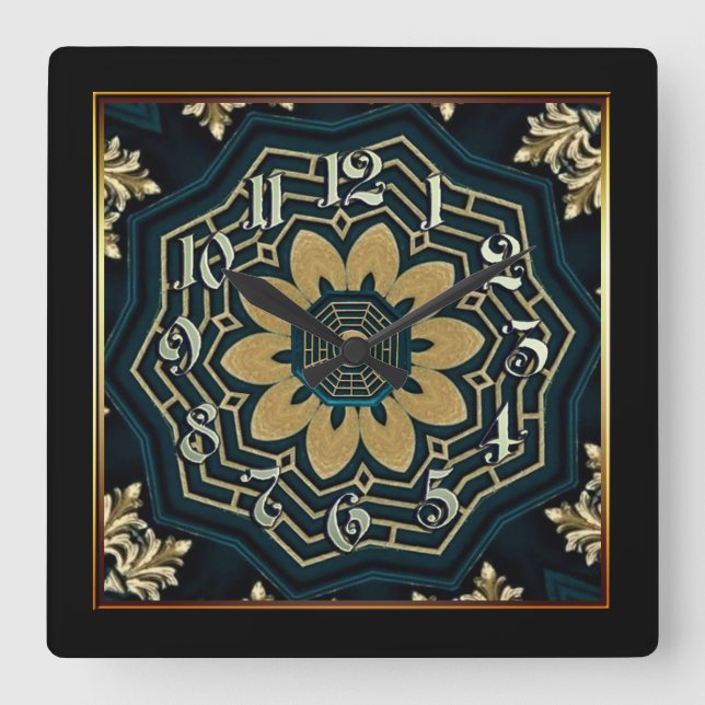 Relógio Quadrado Estilo Asiático Dourado e Verde 2 (Frente)