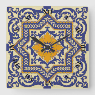 Relógio Quadrado Estilo Azulejo Cerâmico Blue Orange Clock