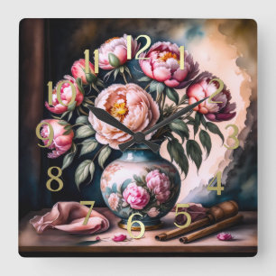 Relógio Quadrado Estilo de Vintagem Pintura de Buquê de Flores Vase