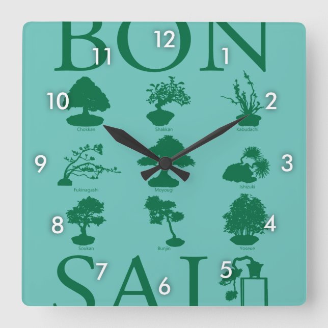 Relógio Quadrado Estilos Básicos da Árvore Bonsai (Frente)