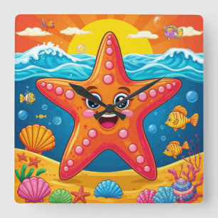 Relógio Quadrado Estrela-do-mar de desenho animado fofa sorrindo de