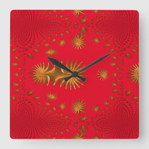 Relógio Quadrado estrelas de ouro fractal, fundo vermelho