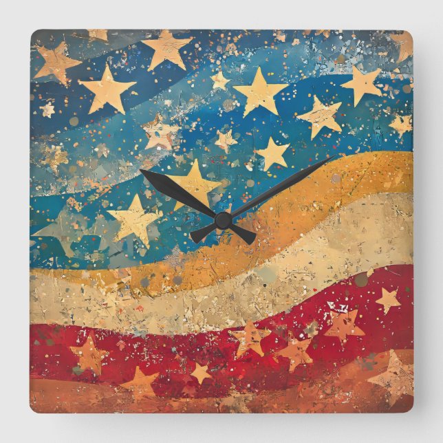 Relógio Quadrado Estrelas e Stripes Folksy (Frente)