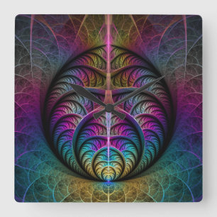 Relógio Quadrado Estruturas Vivas Arte Fractal Abstrata Colorida