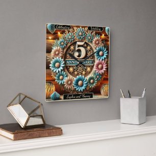 Relógio Quadrado Eterno Amor: Quinto 5 Aniversário Floral