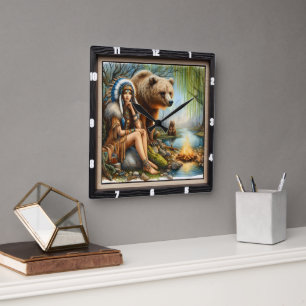 Relógio Quadrado Eterno de Urso Indígena