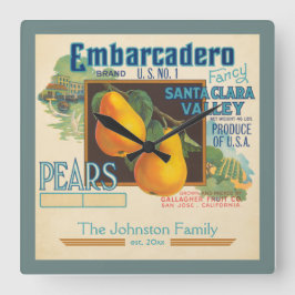 Relógio Quadrado Etiqueta de Fruta Vintage com nome de família pers