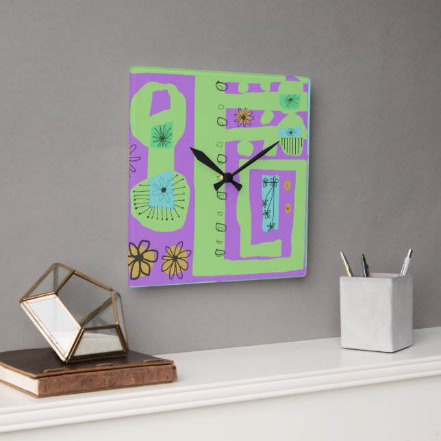 Relógio Quadrado Etnia Decal Impressão Verde Roxo Preto (Escritório)