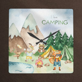 Relógio Quadrado Eu Adoro Acampar Woodland Animal Kids Watercolor