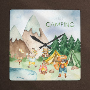 Relógio Quadrado Eu Adoro Acampar Woodland Animal Kids Watercolor