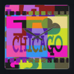 Relógio Quadrado Eu amo Chicago - Pop art<br><div class="desc">Eu amo Chicago - Pop art</div>