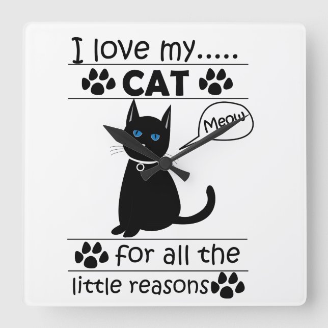 Relógio Quadrado Eu Amo Meu Gato Gatos Kitty (Frente)