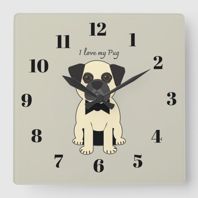 Relógio Quadrado Eu Amo Meu Pug (Frente)