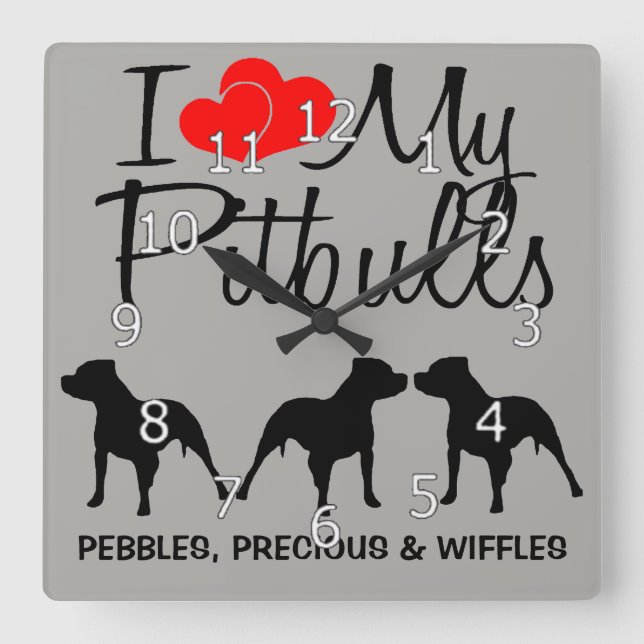 Relógio Quadrado Eu amo meus TRÊS Pitbulls (Frente)